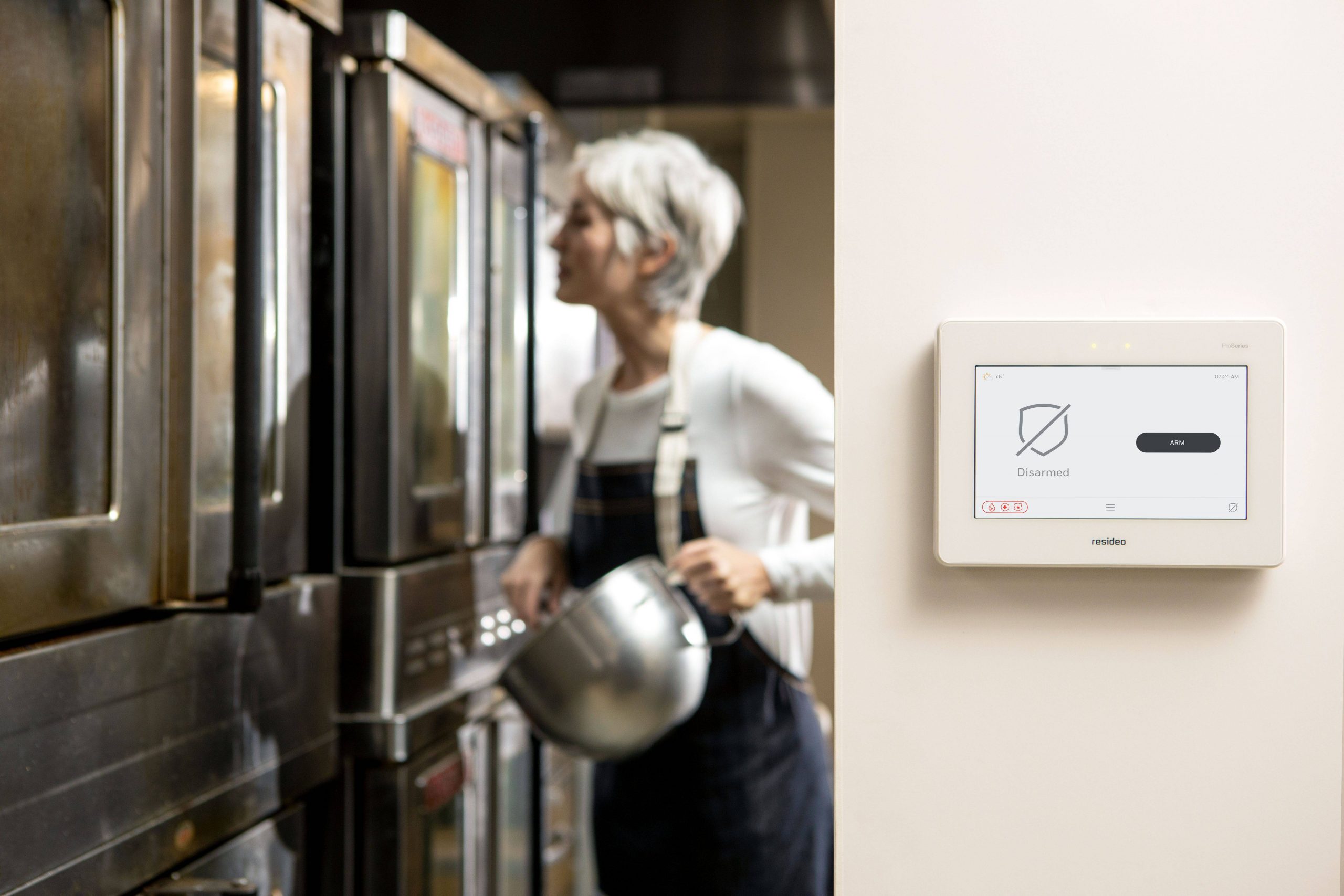 A business security system and commercial alarm keypad in a bakery.