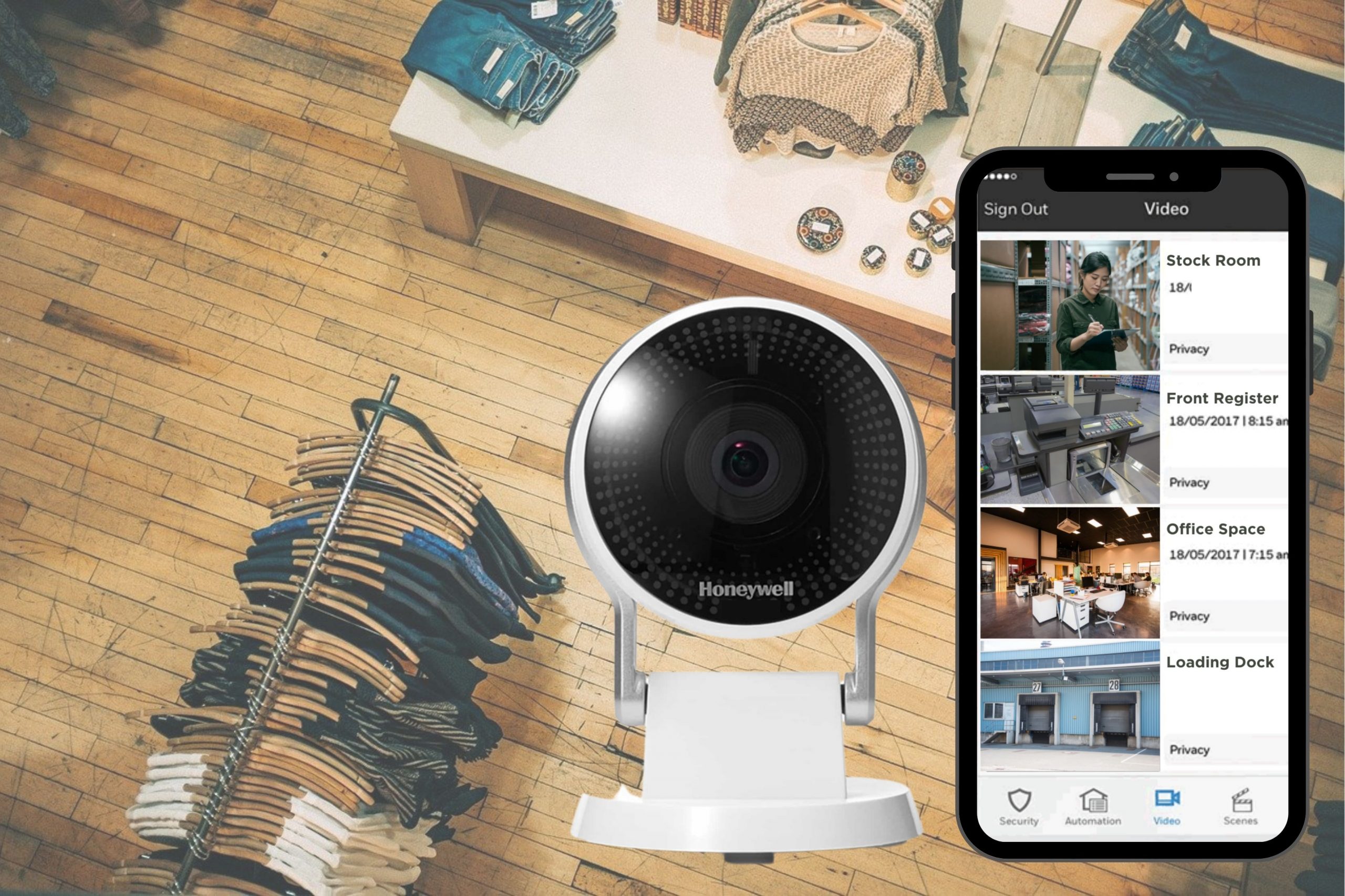 A security camera with an app on a mobile device for viewing