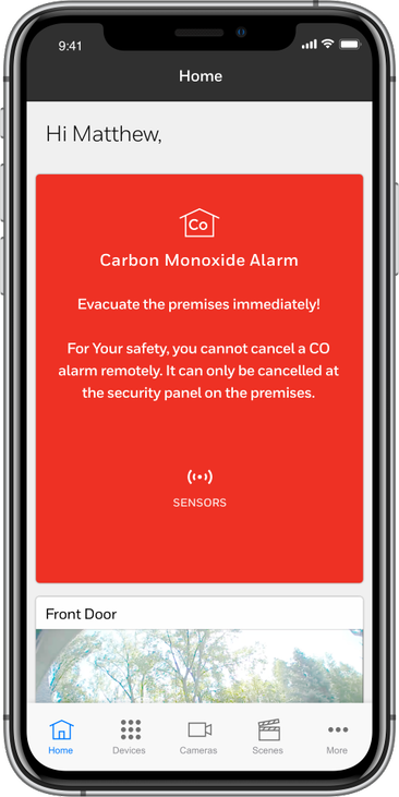 A carbon monoxide detector alarm notification in the Total Connect App on a smart phone.
