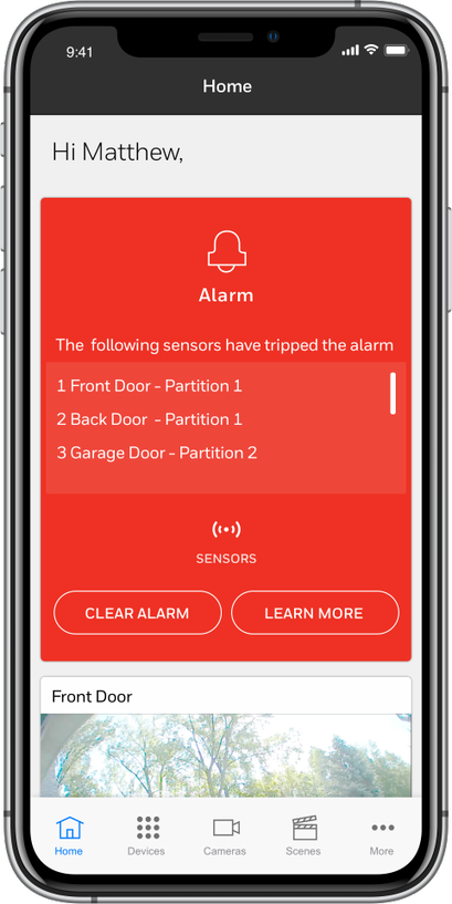 An alarm notification in the Total Connect App. Receive notification of emergency alarms and a water leak.