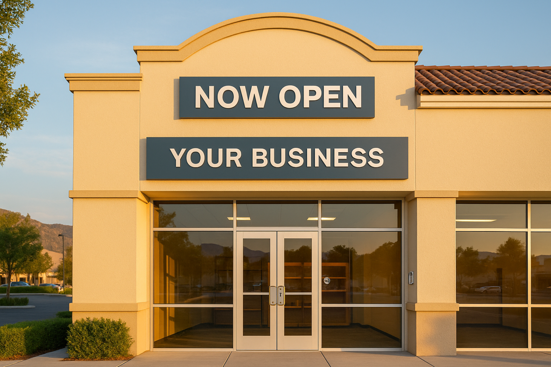 The exterior of a newly opened business in a Southern California shopping plaza, captured at golden hour with clear signage, designed to illustrate new business security in the Temecula Valley.