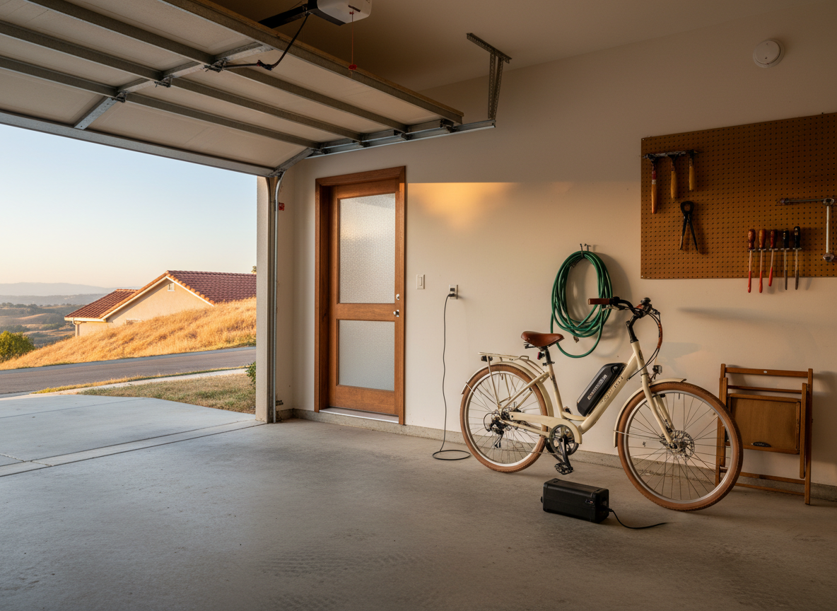 An e-bike charging on the bare concrete floor of a tidy Temecula garage at golden hour, with a heat detector on the wall and a clear path to the house door, the setup that lowers e-bike battery fire risk.